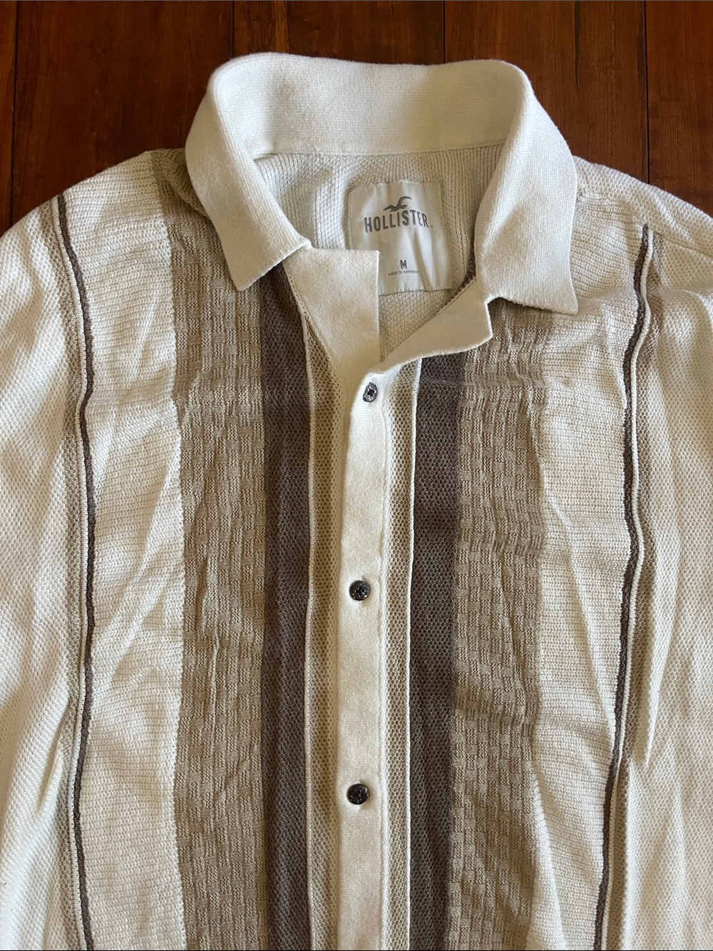 Hollister Cream and Brown Vertical Stripe Knit Polo Cardigan